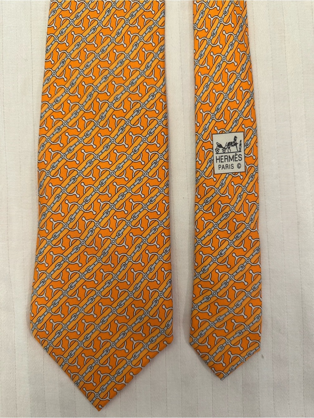 Hermès Orange Silver Equestrian Bit Silk Tie Made in France